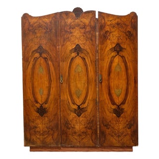 Vintage Art Deco Burl Wood Wardrobe Armoire With Hand-Painted Botanical Doors For Sale
