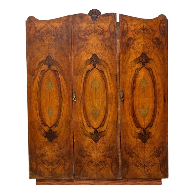Vintage Art Deco Burl Wood Wardrobe Armoire With Hand-Painted Botanical Doors For Sale