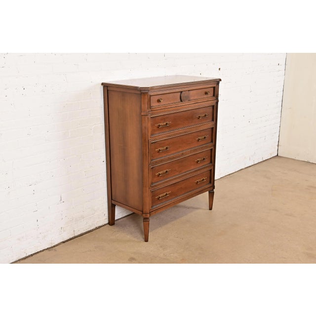 Kent Coffey Kent Coffey French Regency Louis XVI Carved Cherry and Burl Wood Highboy Dresser, Circa 1960s For Sale - Image 4 of 16