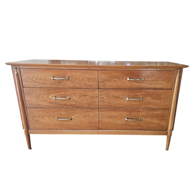 Mid-Century Modern 1958 Drexel Mid Century Modern Dresser and Nightstand Tapered Legs Brass Handles For Sale - Image 3 of 18