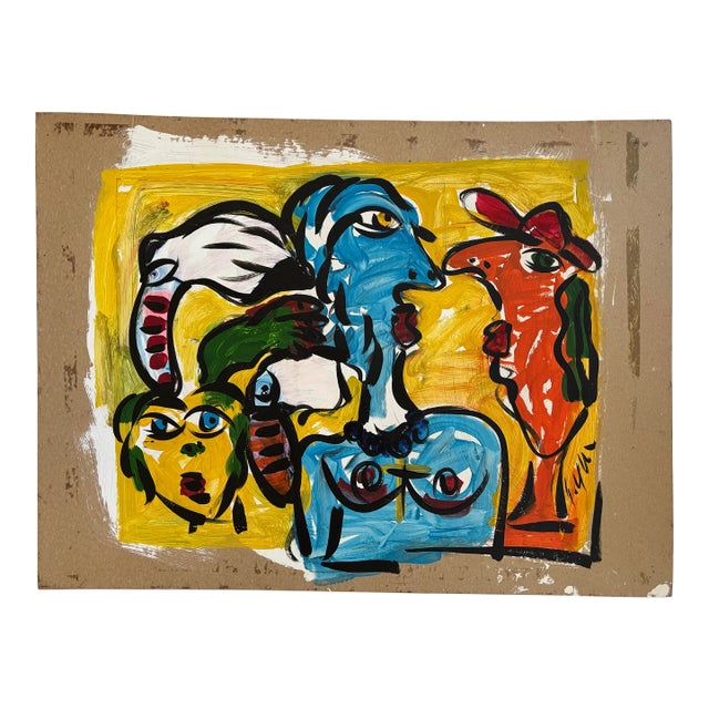 Peter Keil Abstract Painting of Figures and Toucans on Board For Sale