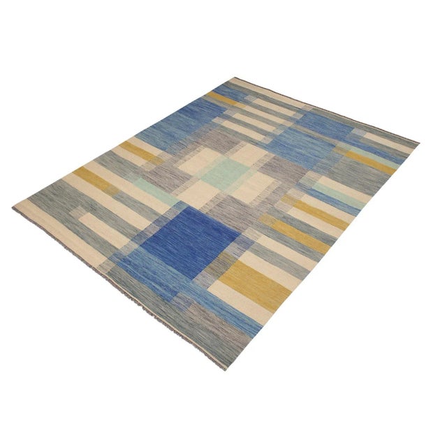 Tribal Kilim Beige Blue Wool Rug - 8'6" X 10'1" For Sale - Image 4 of 7