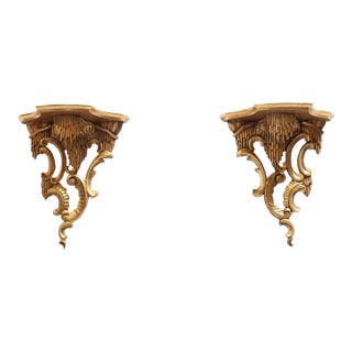Pair of Italian Rococo-Style Rocaille Giltwood Wall Brackets For Sale