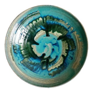 Mid Century Teal Glazed Studio Art Pottery Bowl, Signed For Sale