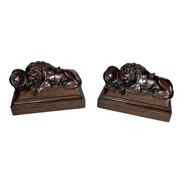 1940s Lions of Lucerne Carved Mahogany Bookends - a Pair For Sale