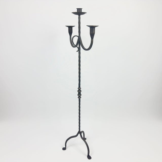 Black Hand Forged Iron Floor Candelabra 49″ (124cm) Antique Copper or Gold Patina 3-Arm Twist Stem Candle Holder Rustic Decor For Sale - Image 8 of 11