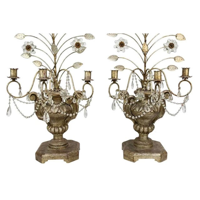 Pair Italian 3 Branch Candelabra, Silvered Urn Shape Form with Glass Beading & Flowers, 38"h x 17"w