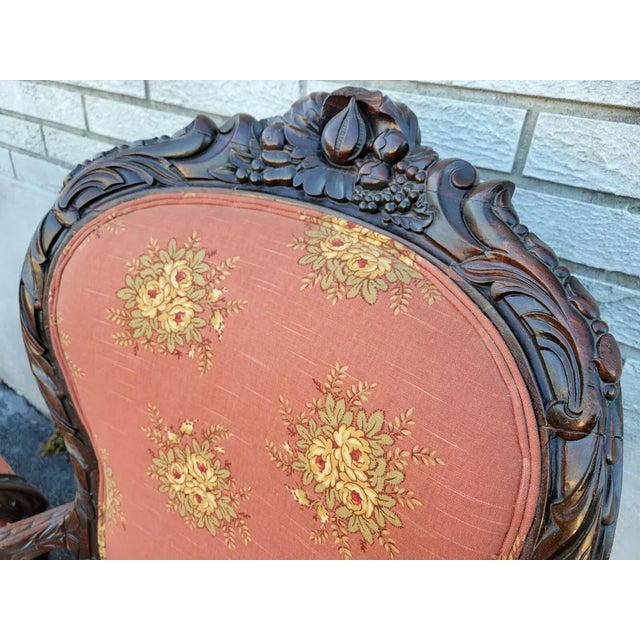 Rose 19th Century American Carved Rosewood Living Room Arm Chairs- a Pair For Sale - Image 8 of 11