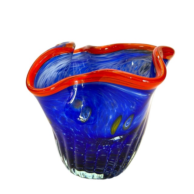 Charming Hand-Blown Small Ruffled Blue Handkerchief Vase With Red Rim in the Style of Dave Chihuly For Sale In Chicago - Image 6 of 14