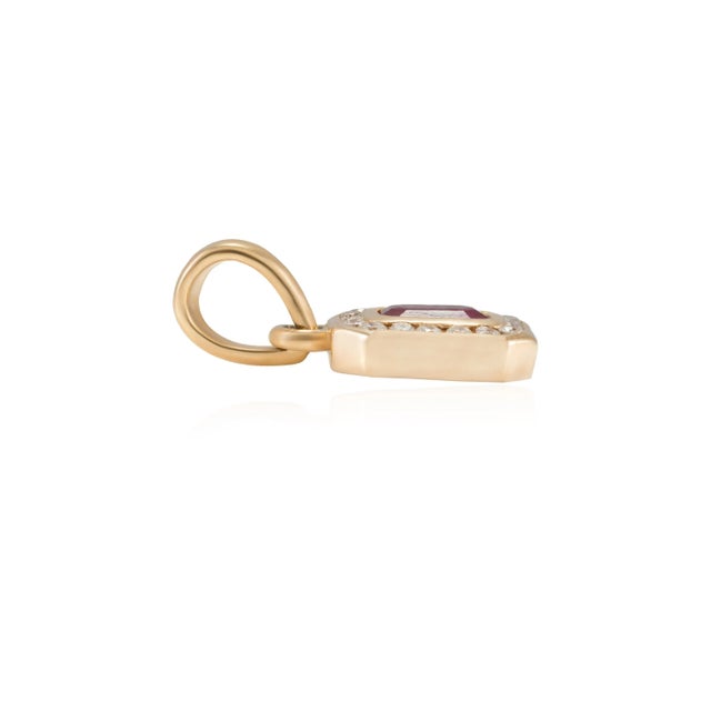 Gold 1990s Octagon Ruby and Diamond Halo Art Deco Pendant in 14k Yellow Gold For Sale - Image 8 of 13