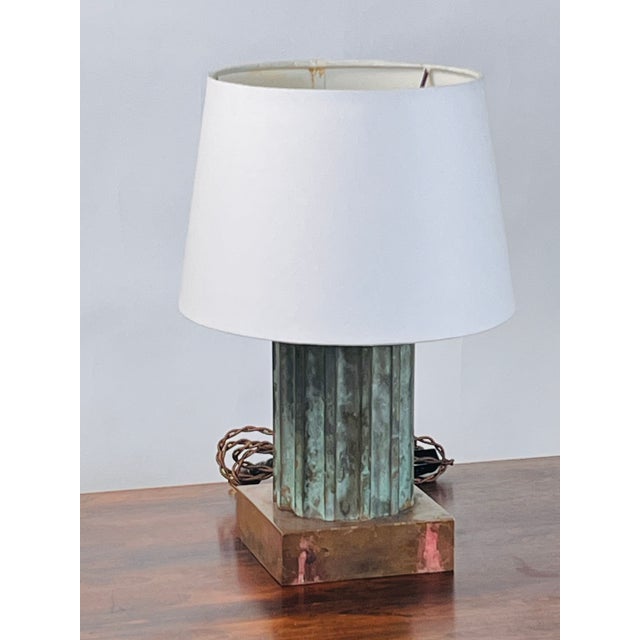 Art Deco 1960s Small Verdigris Bronze and Brass Neoclassical Column Lamp For Sale - Image 3 of 5