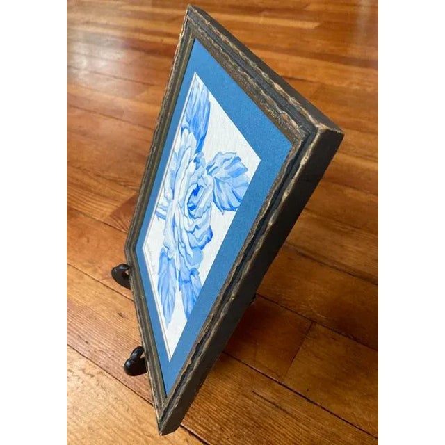 Late 20th Century Orignal Watercolor Painting of a Chintz Style Rose, Vintage Frame, Blue and White, For Sale - Image 5 of 8