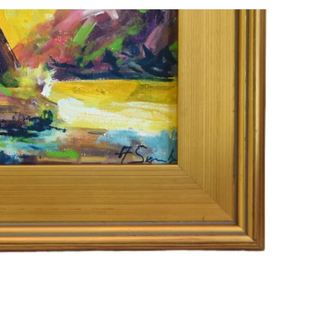 Colorful Flowers & Mountains Landscape Oil Painting Including the Antiqued Gold Wood Frame For Sale - Image 4 of 7