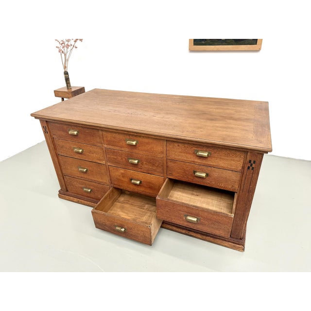 Brown Double-Sided Oak Shop Counter, 1890s For Sale - Image 8 of 18
