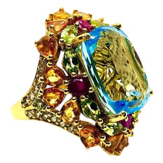 Bochic “Capri” Vintage Multi Fancy Sapphire and Blue Topaz Cocktail Ring — 18K G For Sale