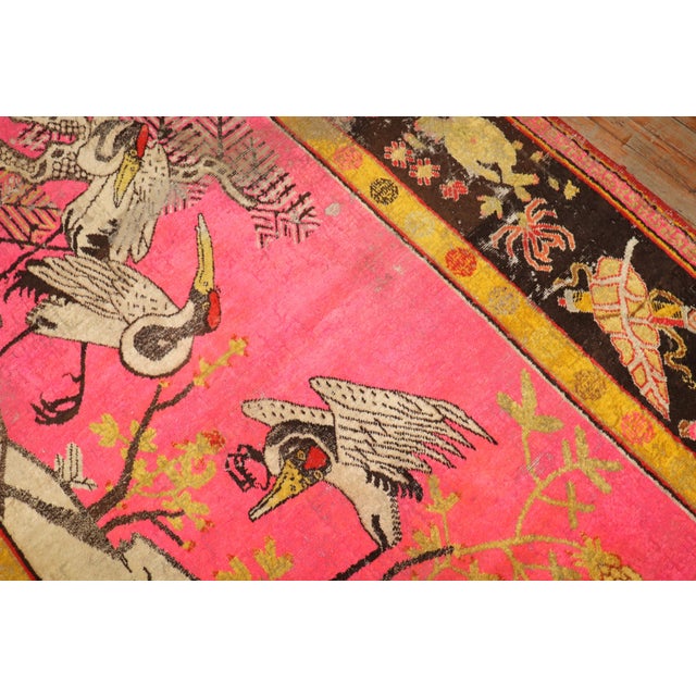 Asian Antique Zabihi Collection Bright Pink Antique Worn Flamingo Pictorial Khotan Rug - 5'10" x 10' For Sale - Image 3 of 12