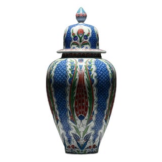 Handmade Ceramic Grand Shah Vase with Lid (60cm) Blue Scale and Imperial Tulip For Sale