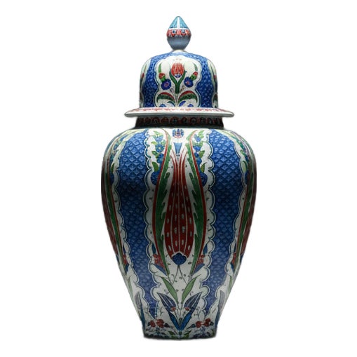 Handmade Ceramic Grand Shah Vase with Lid (60cm) Blue Scale and Imperial Tulip For Sale
