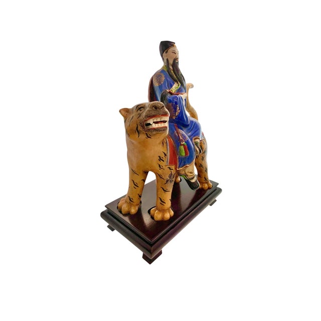Folk Art Late 20th Century Immortal on Tiger Figurine Vintage Porcelain on Wood Base China Folk Art Decor For Sale - Image 3 of 10