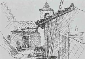 Lucien Coutaud, Rural Landscape, Pen Drawing, Mid-20th Century