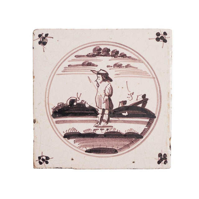 Traditional Set of 7 Mulberry Decorated Figural Delft Faience Tiles, C. 1680-1700 For Sale - Image 3 of 16