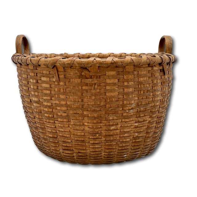 American Outstanding Large Size Antique American Hand Woven Ash Wood Splint Maine Apple Farm Harvest Basket For Sale - Image 3 of 18