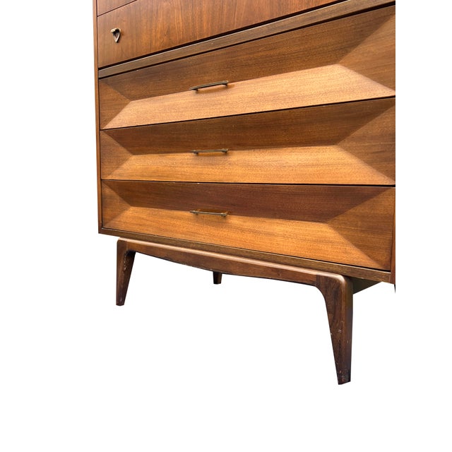 Mid Century Modern Vintage Tall Dresser High Boy in Albert Parvin Style Sculpted Design For Sale - Image 4 of 8