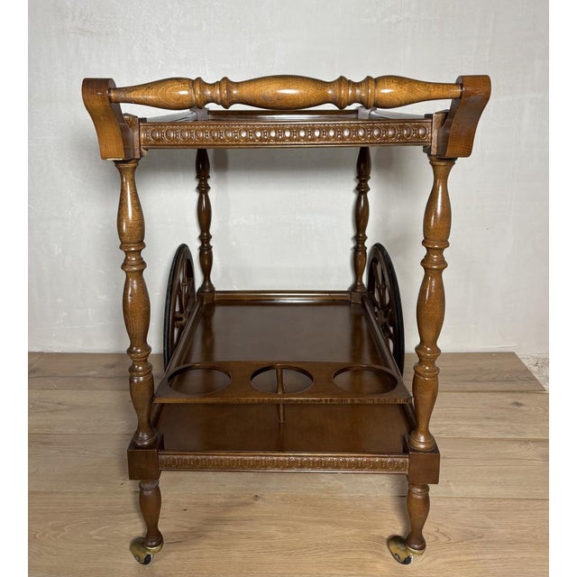Mid-Century Modern Spanish Wooden Bar Cart with Turned Legs and Bottle Holder, 1940 For Sale - Image 10 of 14
