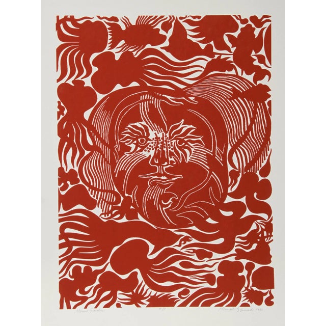 Abstract Manuel Izquierdo, Marine Garden (Red), Surreal Woodcut For Sale - Image 3 of 3