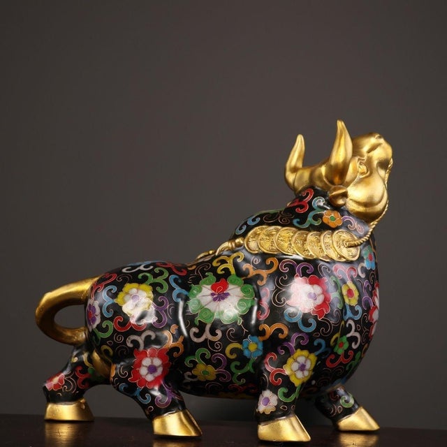Late 19th Century Late 19th Century Cloisonné Enamel Ox Statue, Gilt Bronze Figure, 2.83kg For Sale - Image 5 of 9