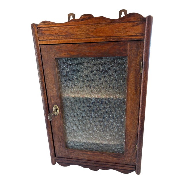 Antique Primitive Wall Cabinet With Patterned Glass Door For Sale