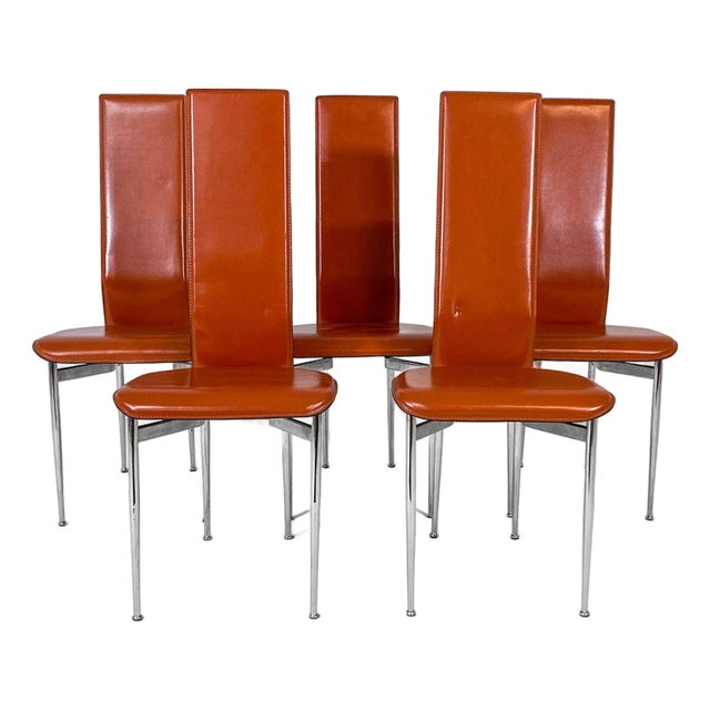 1980s Set of (5) Attributed to Giancarlo Vegni Model S44 "Cognac" Leather Italian Dining Chairs For Sale