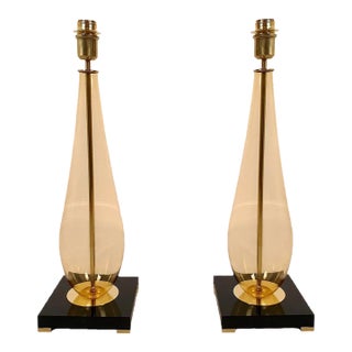Pair of 1990s Amber, Mid Century Modern Murano Glass Lamps For Sale