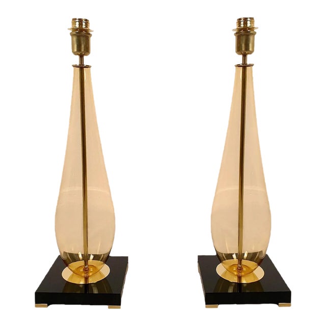 Pair of 1990s Amber, Mid Century Modern Murano Glass Lamps For Sale