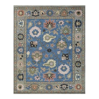 Blue Oushak Style Floral Hand-Knotted Wool Rug 8x10 For Sale