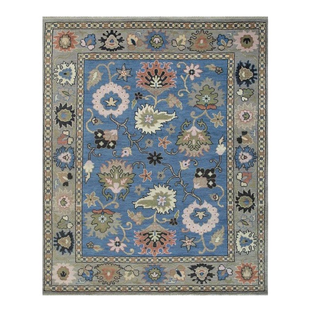 Blue Oushak Style Floral Hand-Knotted Wool Rug 8x10 For Sale