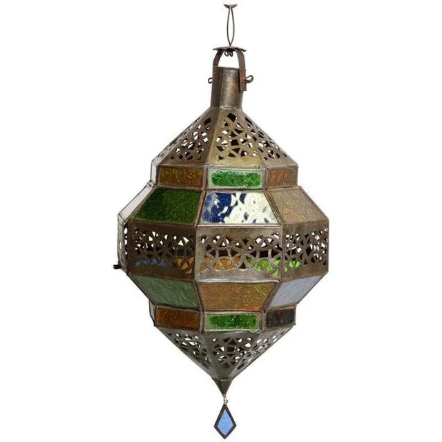 Handcrafted Moroccan Metal and Multi-Color Glass Lantern Octagonal Diamond Shape For Sale - Image 13 of 13