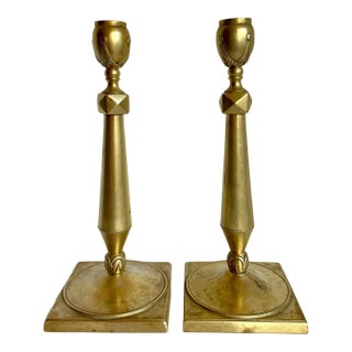 Antique Brass Candlestick Holders With Swag Detail For Sale