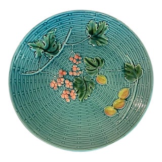Early 20th Century Turquoise Basketweave Plate With Leaves and Berries For Sale