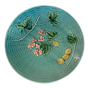 Early 20th Century Turquoise Basketweave Plate With Leaves and Berries
