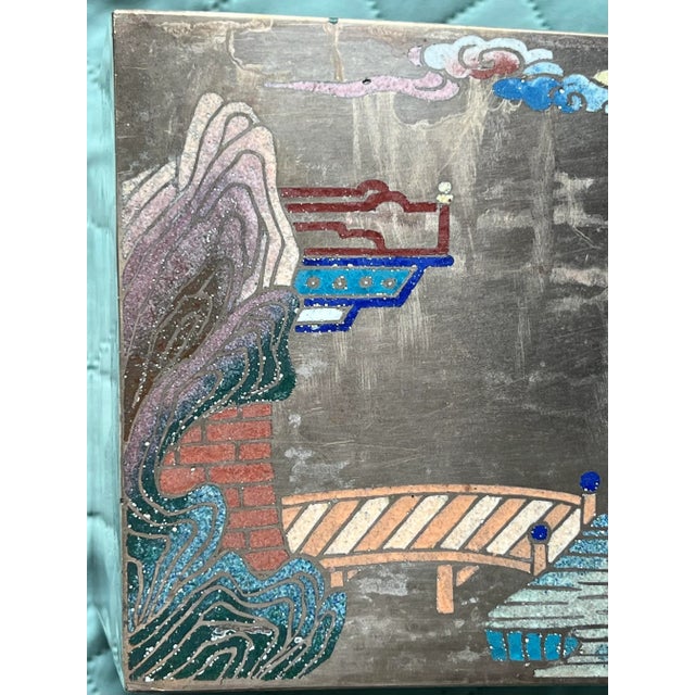 Chinoiserie Cloisonne Brass Sqaure Shaped Planter Cache Pot For Sale - Image 4 of 13