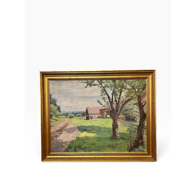 This is a lovely impressionist oil on canvas. It features a dirt road leading to farm buildings in a countryside setting....