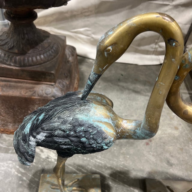 Mid 20th Century Vintage Boho Brass and Pewter Sculptural Crane Birds- A Pair For Sale - Image 5 of 12