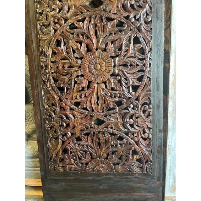 Vintage Carved Wood Lotus Lattice Barn Door – Ornate Room Divider & Wall Panel 92.5x40.5 For Sale - Image 4 of 7