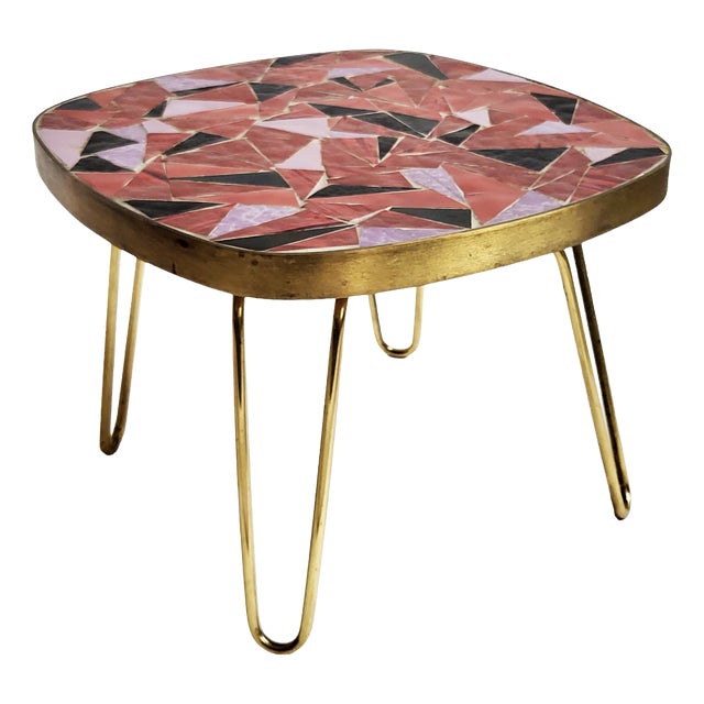Mid-Century Modern Mosaic and Brass Side Table with Hair Pin Legs from Ilse Möbel, 1950s For Sale