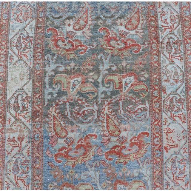 Cream Fine Antique Persian Malayer Runner in Soft Tones of Blue, Red, Brown and Cream 3'5 X 18'5 For Sale - Image 8 of 16