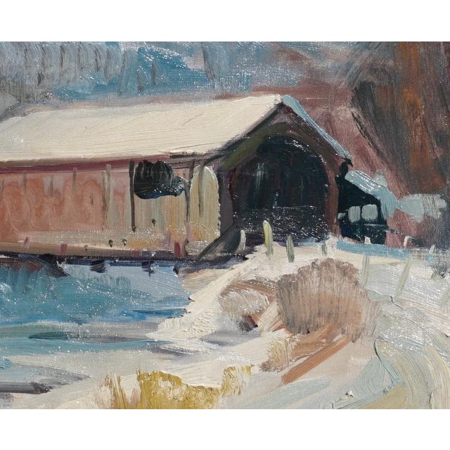 Rustic Emile Albert Gruppe 'Mass 1896-1978' “Covered Bridge” Snow Painting For Sale - Image 3 of 6