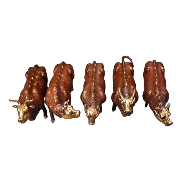 Late 20th Century Set of 5 Gilt Bronze Ox Figures With Splashed Gold Decoration For Sale