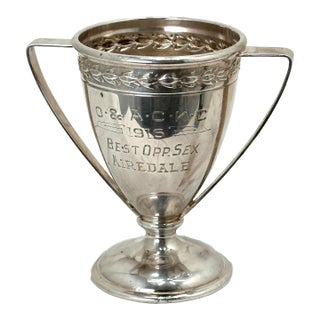 Small 4 Inch Tall Antique Silverplate Kennel Club Best Opp. Sex Airedale Dog Show Trophy - Circa 1916 For Sale