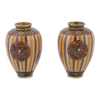 Antique Early Meiji Japanese Cloisonne Gold Stone Enamel Stripe Vases Attributed to Honda- Set of 2 For Sale